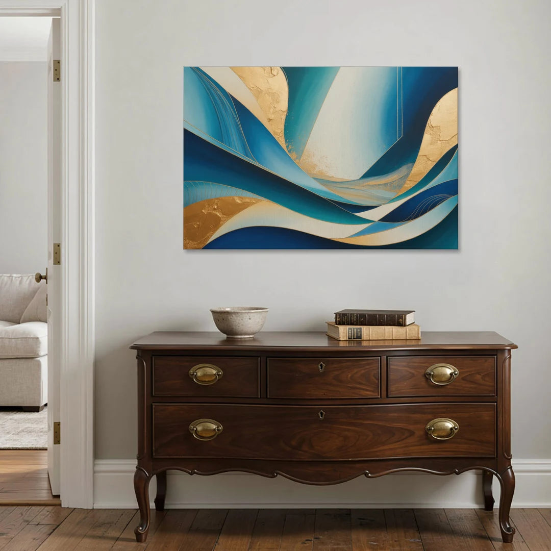 Sophisticated Tranquility Blue and Gold Abstract - Canvas Wall Art - Coffee Table - 48x32