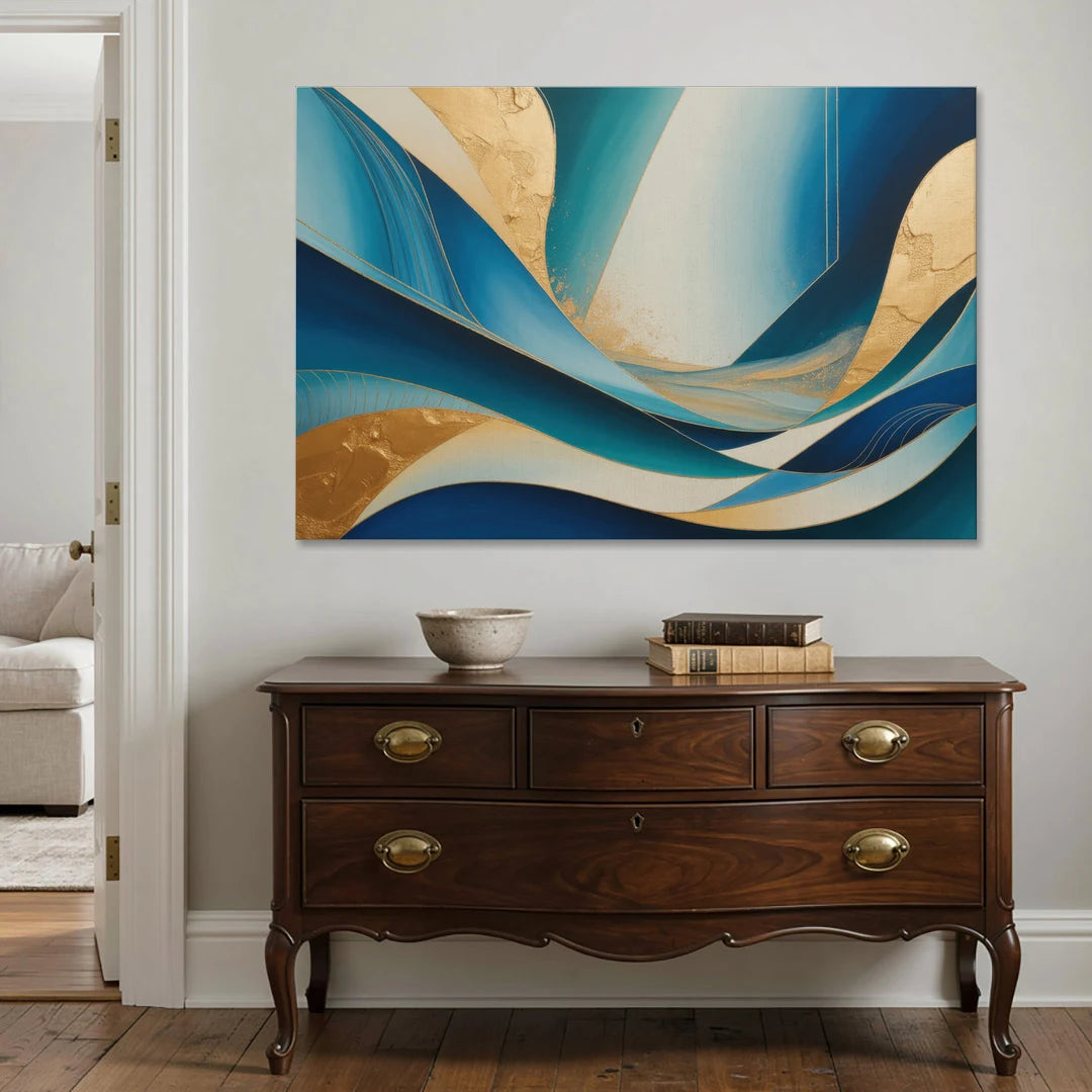 Sophisticated Tranquility Blue and Gold Abstract - Canvas Wall Art - Coffee Table - 60x40