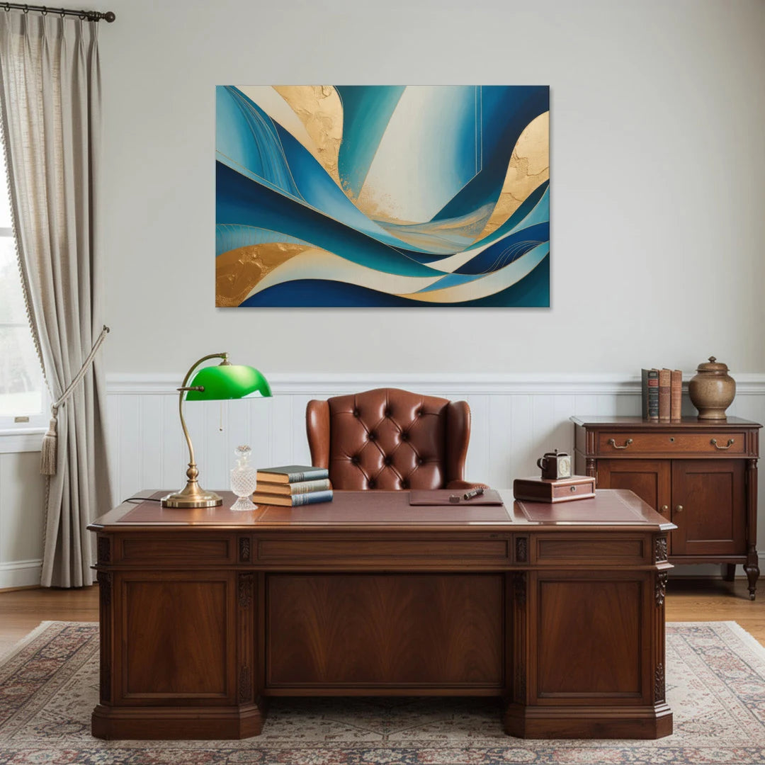 Sophisticated Tranquility Blue and Gold Abstract - Canvas Wall Art - Office - 48x32
