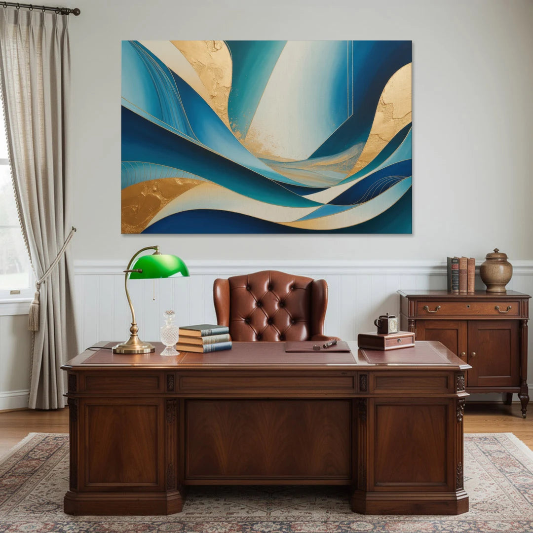 Sophisticated Tranquility Blue and Gold Abstract - Canvas Wall Art - Office - 60x40