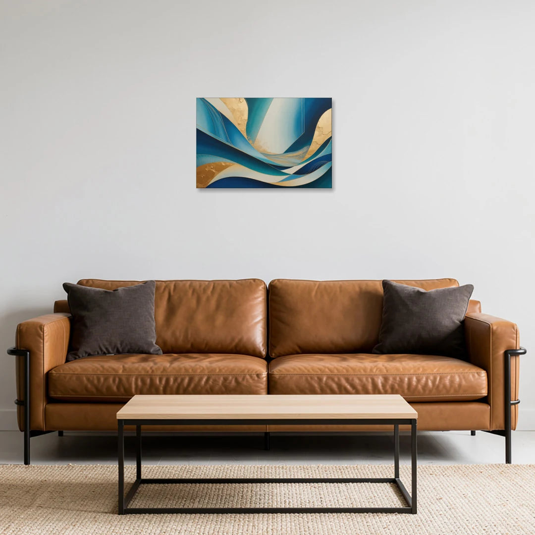 Sophisticated Tranquility Blue and Gold Abstract - Canvas Wall Art - Sofa - 24x16