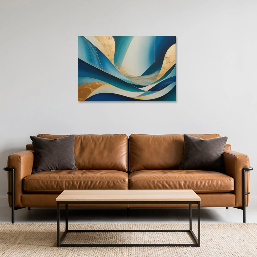 Sophisticated Tranquility Blue and Gold Abstract - Canvas Wall Art - Sofa - 36x24