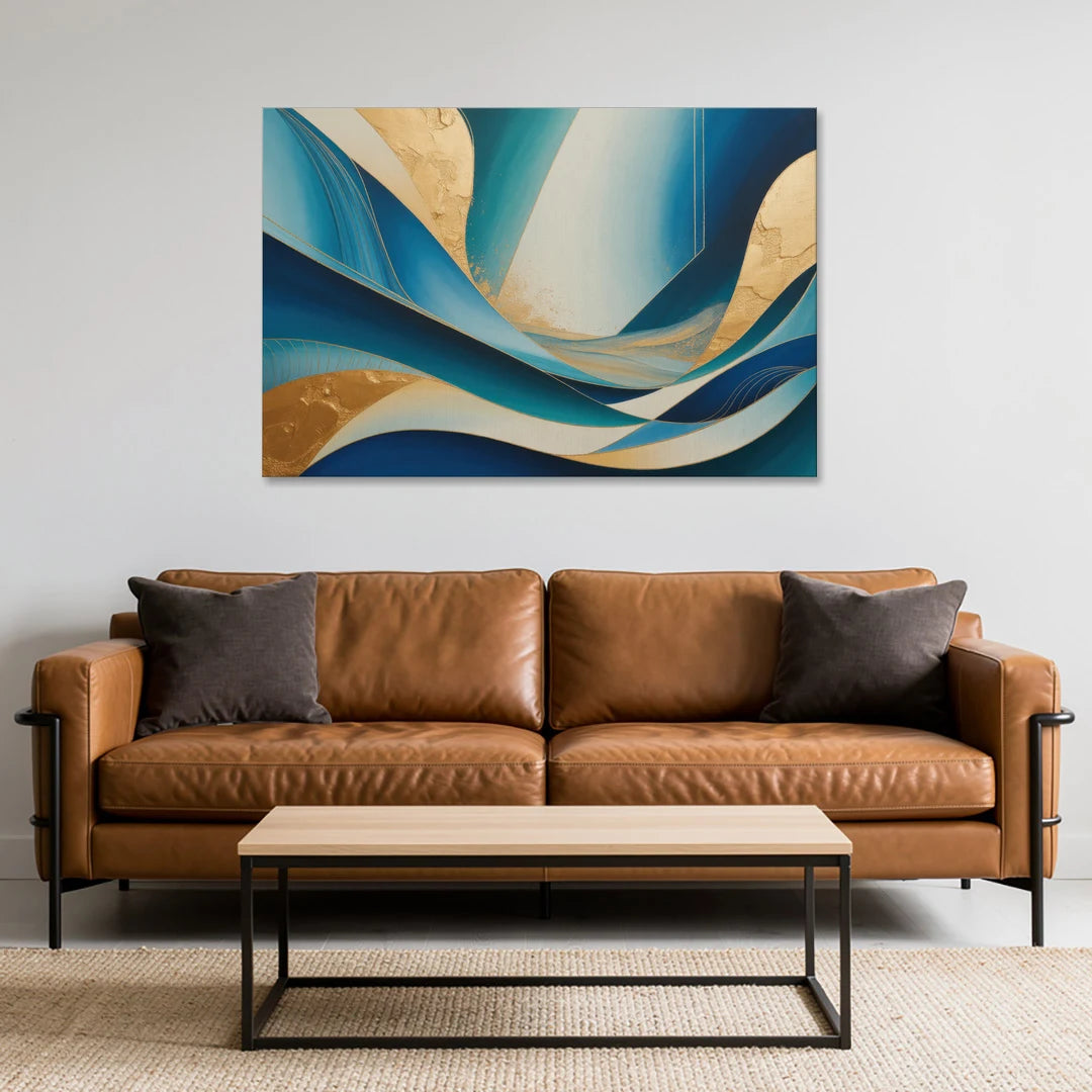 Sophisticated Tranquility Blue and Gold Abstract - Canvas Wall Art - Sofa - 48x32