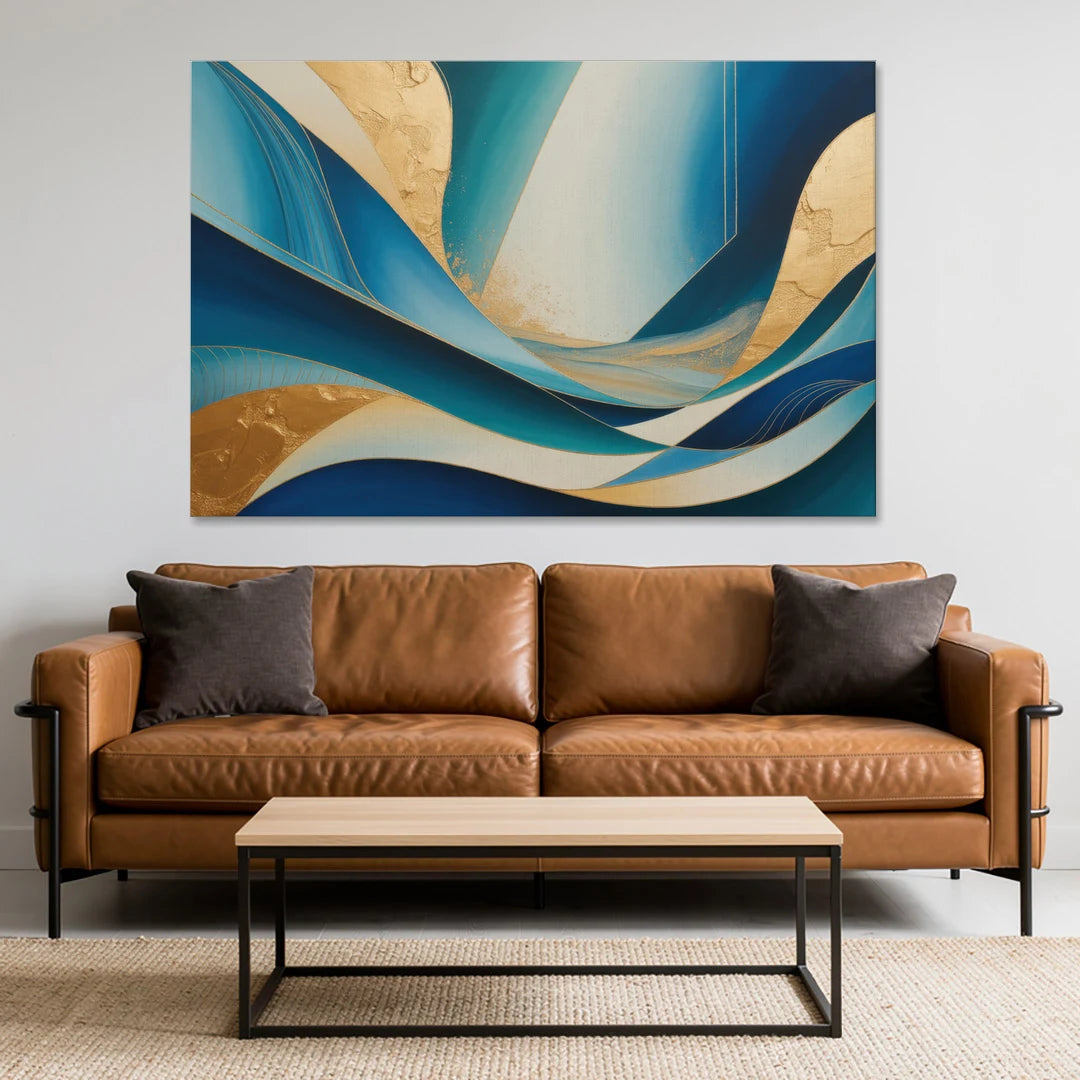 Sophisticated Tranquility Blue and Gold Abstract - Canvas Wall Art - Sofa - 60x40