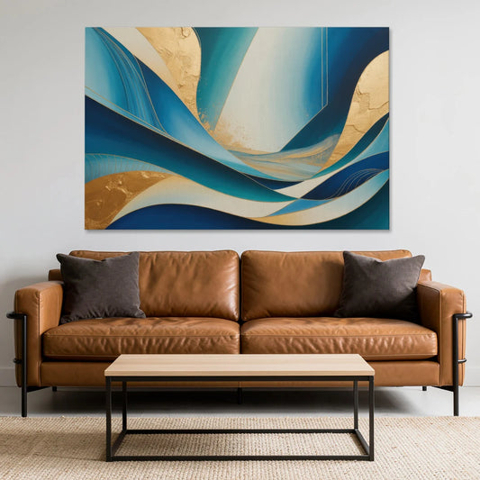 Sophisticated Tranquility Blue and Gold Abstract - Canvas Wall Art - Sofa - 60x40