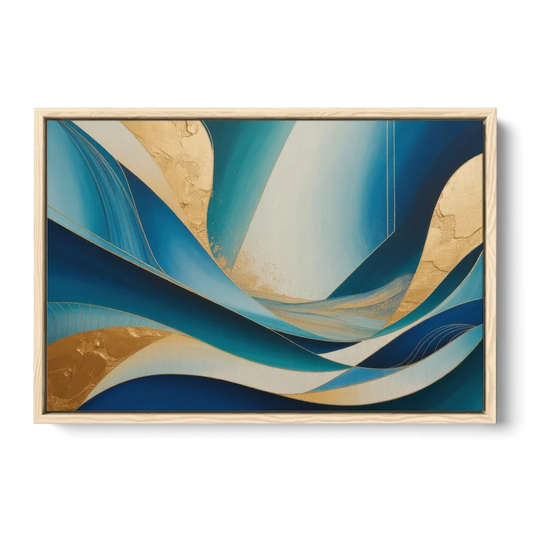Sophisticated Tranquility Blue and Gold Abstract - Oak Framed Canvas Wall Art - Front