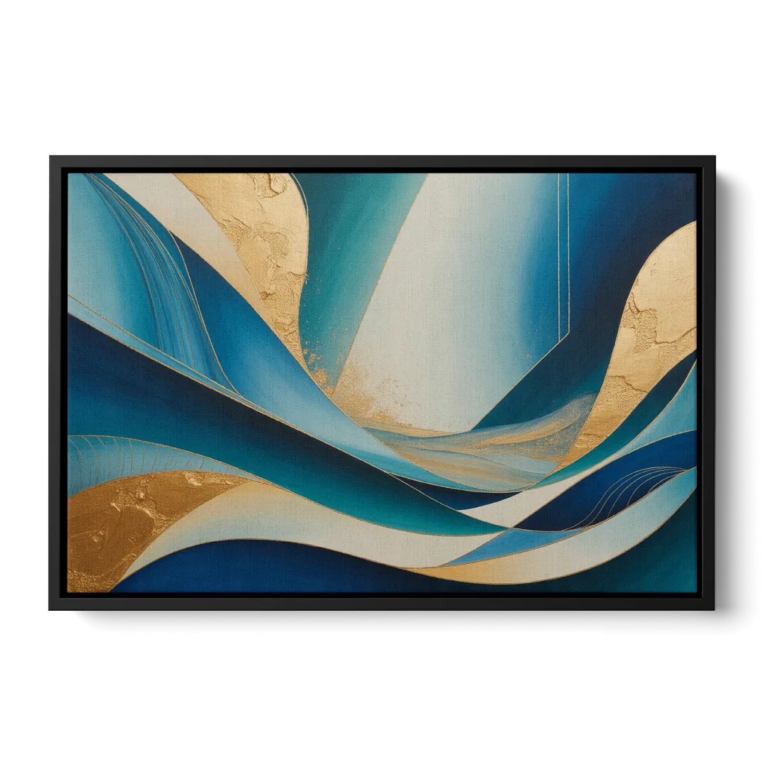 Sophisticated Tranquility Blue and Gold Abstract - Black Frame Canvas