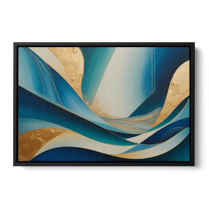 Sophisticated Tranquility Blue and Gold Abstract - Black Frame Canvas