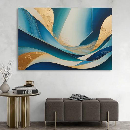 Sophisticated Tranquility Blue and Gold Abstract Living Room - Canvas Wall Art