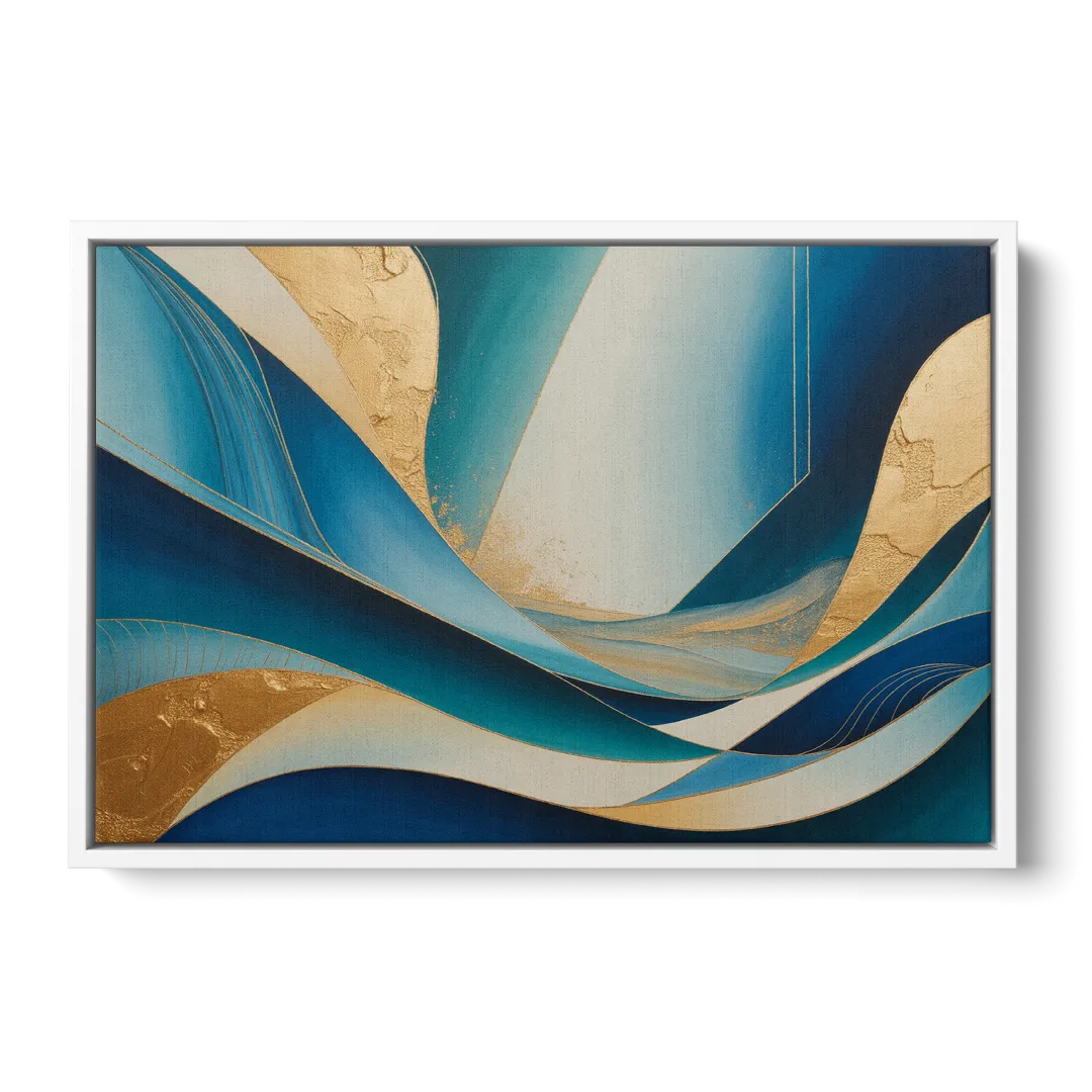 Sophisticated Tranquility Blue and Gold Abstract - White Frame Canvas