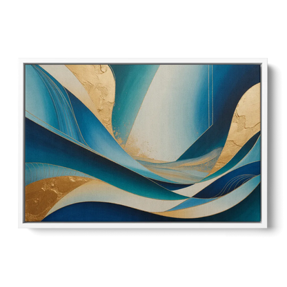 Sophisticated Tranquility Blue and Gold Abstract - White Frame Canvas