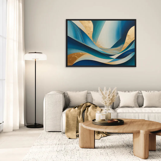 Sophisticated Tranquility Blue and Gold Abstract - Living Room Black Frame Canvas