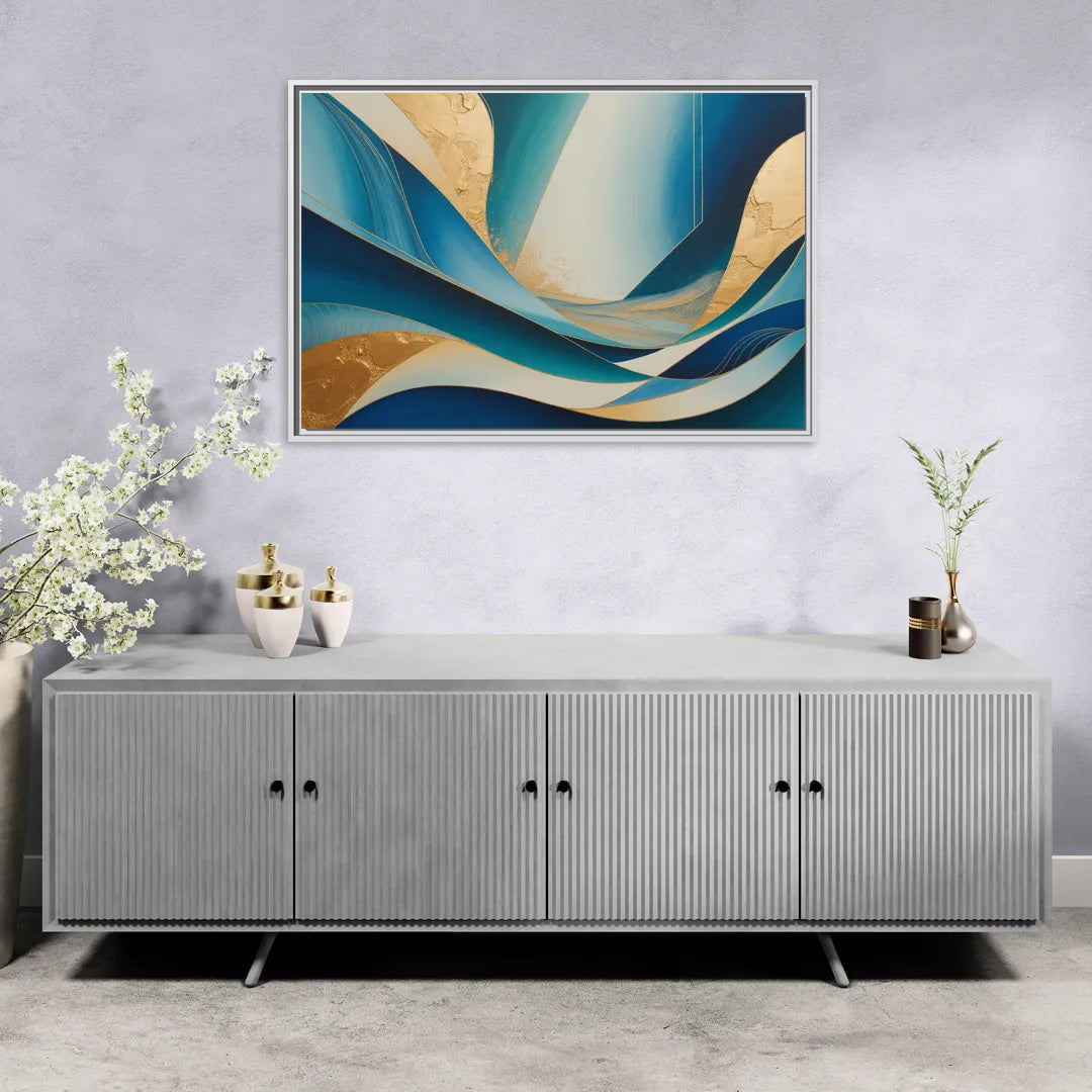 Sophisticated Tranquility Blue and Gold Abstract - Living Room White Frame Canvas