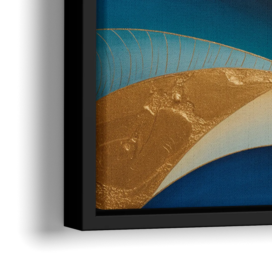 Sophisticated Tranquility Blue and Gold Abstract - Close-Up Black Frame Canvas