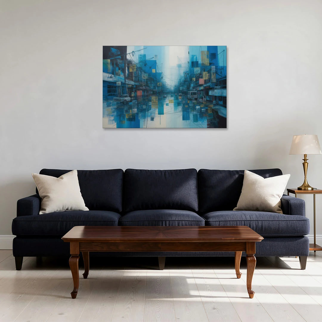 Sophisticated Urban Blue Abstract - Canvas Wall Art - Sofa - 36x24