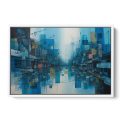 Sophisticated Urban Blue Abstract - White Framed Canvas Wall Art - Front