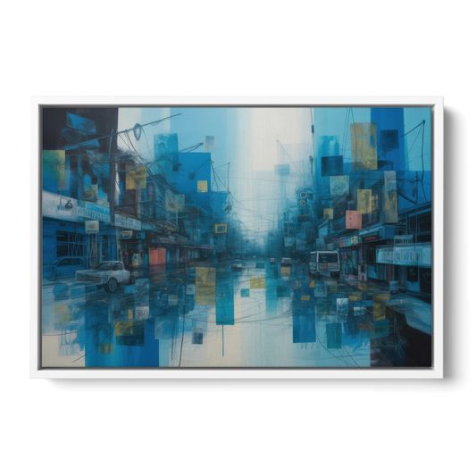 Sophisticated Urban Blue Abstract - White Framed Canvas Wall Art - Front