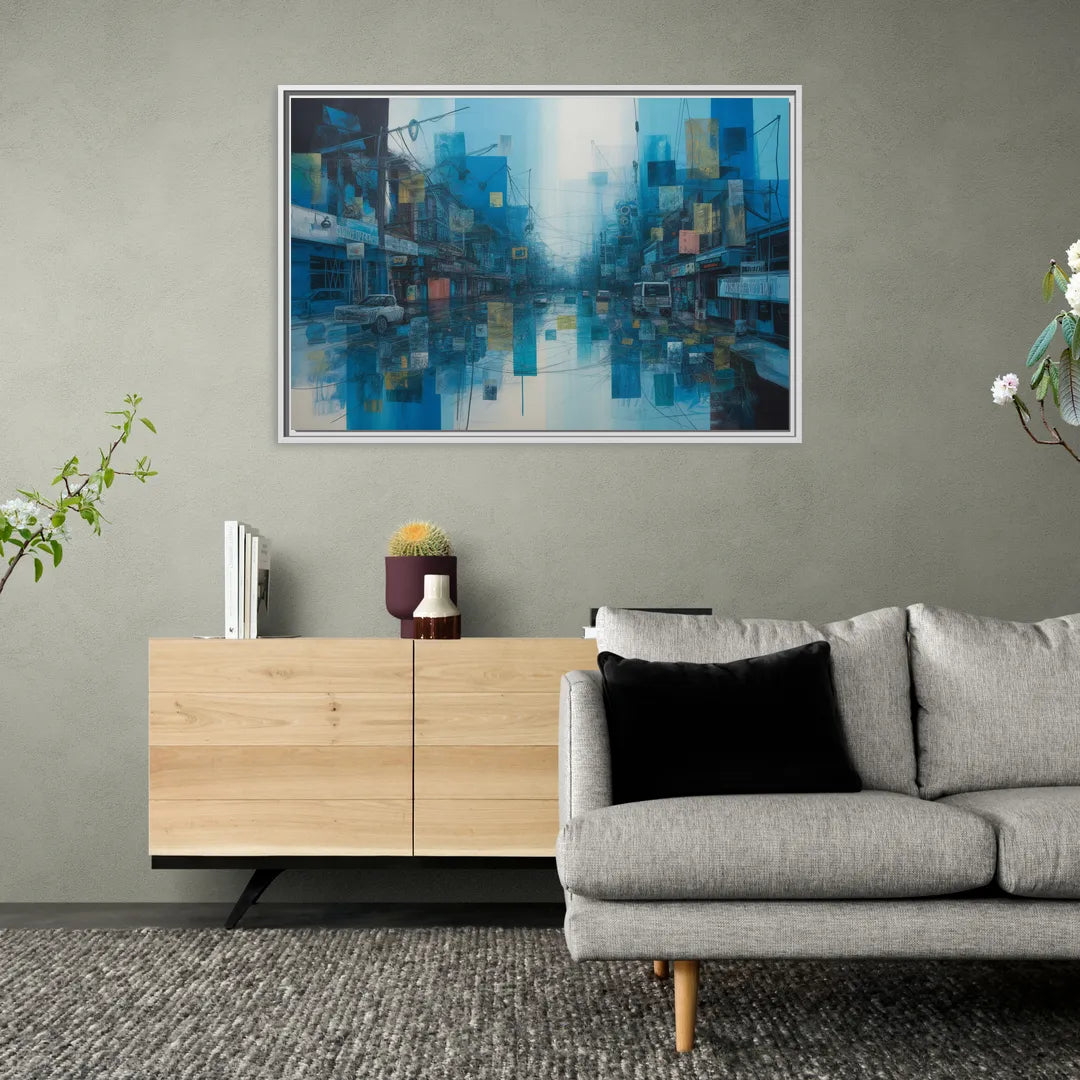 Sophisticated Urban Blue Abstract - Living Room White Frame Canvas