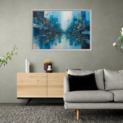 Sophisticated Urban Blue Abstract - Living Room White Frame Canvas