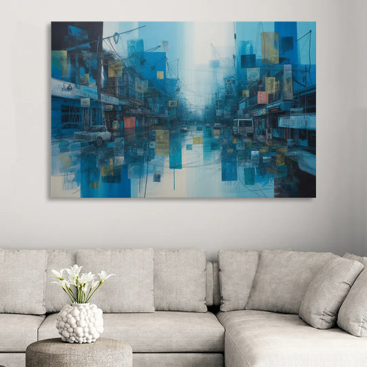 Sophisticated Urban Blue Abstract Living Room - Canvas Wall Art