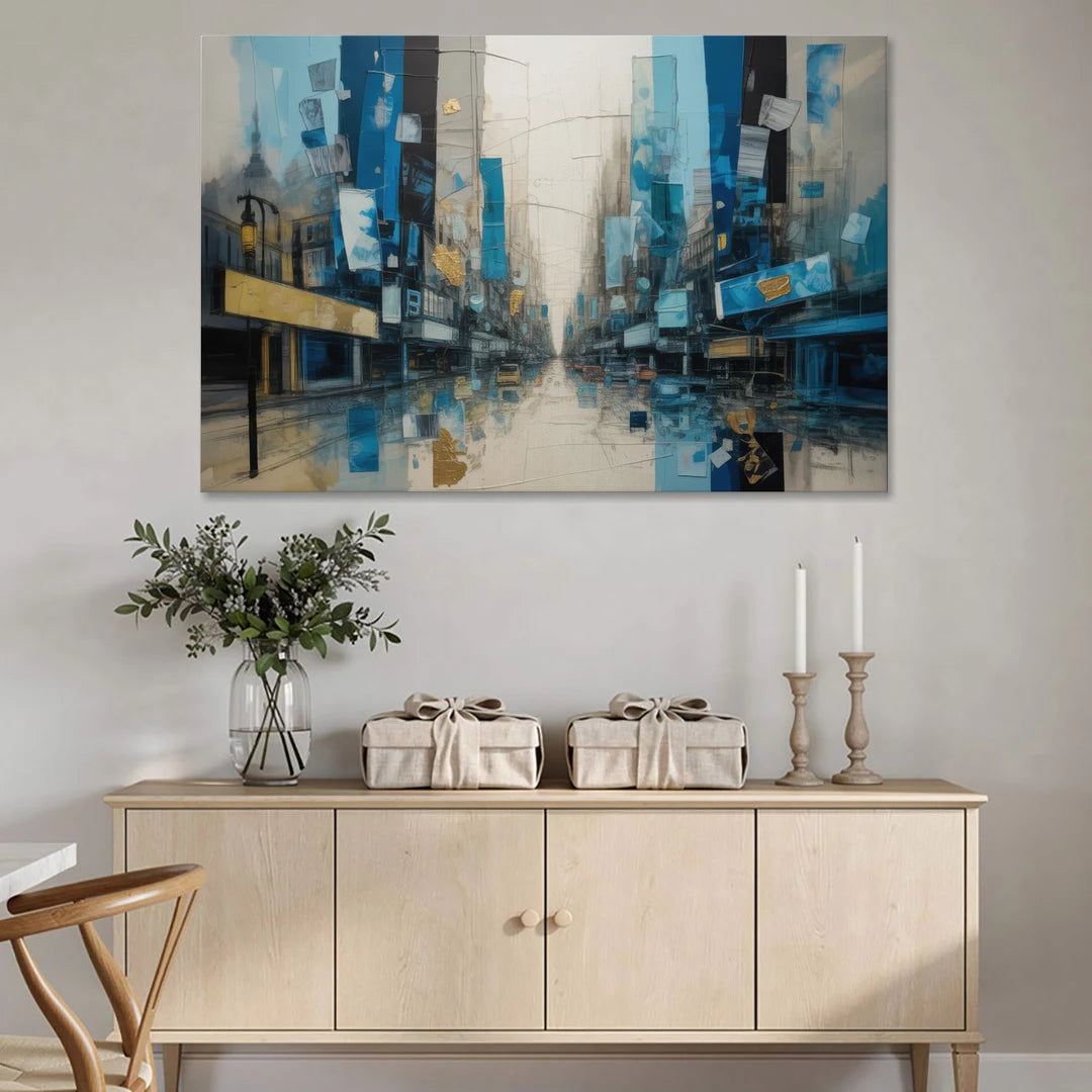 Sophisticated Urban Blue Gold Abstract - Canvas Wall Art - Coffee Table - 60x40