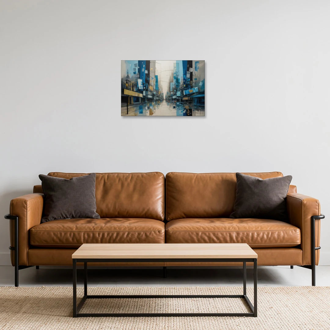 Sophisticated Urban Blue Gold Abstract - Canvas Wall Art - Sofa - 24x16