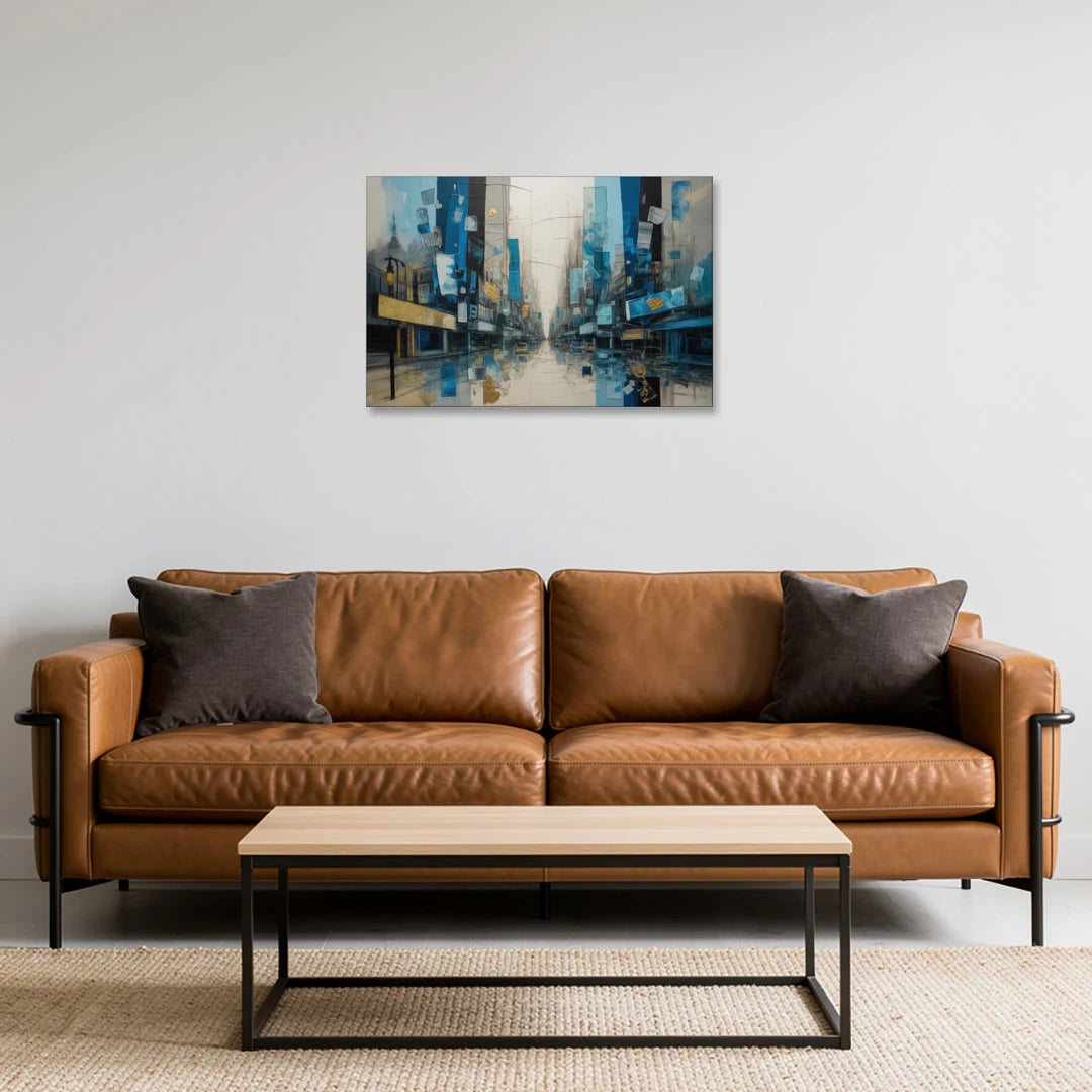Sophisticated Urban Blue Gold Abstract - Canvas Wall Art - Sofa - 30x20