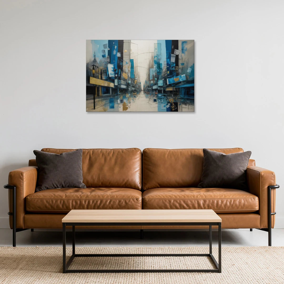 Sophisticated Urban Blue Gold Abstract - Canvas Wall Art - Sofa - 36x24