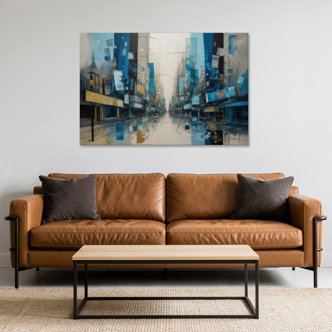 Sophisticated Urban Blue Gold Abstract - Canvas Wall Art - Sofa - 48x32