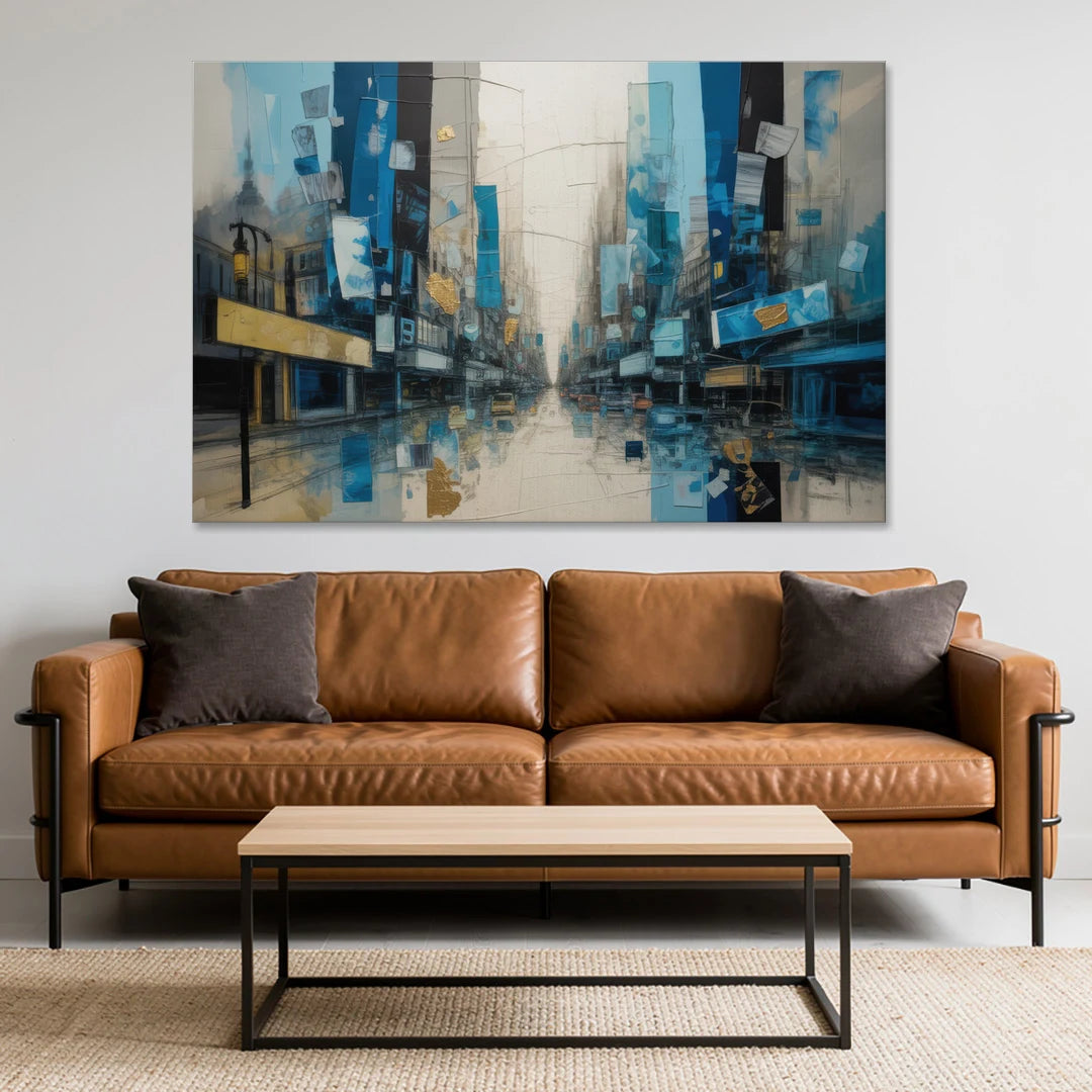 Sophisticated Urban Blue Gold Abstract - Canvas Wall Art - Sofa - 60x40
