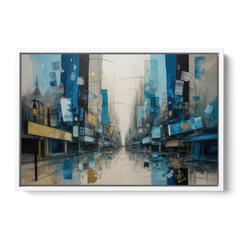 Sophisticated Urban Blue Gold Abstract - White Framed Canvas Wall Art - Front