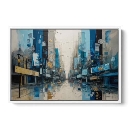 Sophisticated Urban Blue Gold Abstract - White Framed Canvas Wall Art - Front