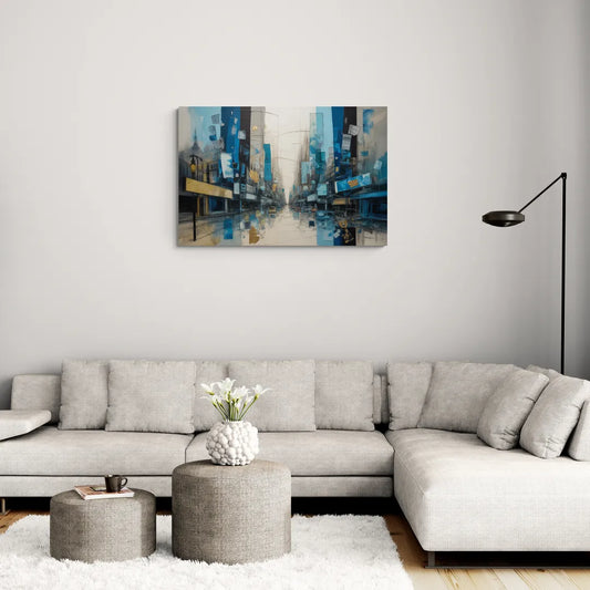 Sophisticated Urban Blue Gold Abstract - Canvas Wall Art Living Room