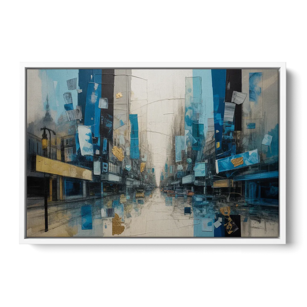 Sophisticated Urban Blue Gold Abstract - White Frame Canvas