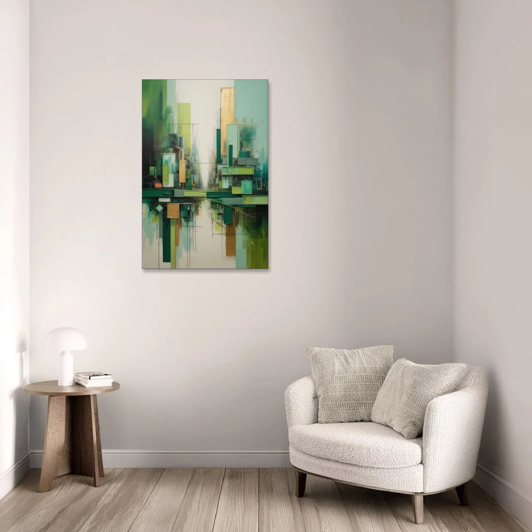 Sophisticated Urban Landscape Green Abstract - Canvas Wall Art - Sofa - 24x36