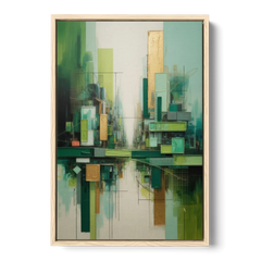 Sophisticated Urban Landscape Green Abstract - Oak Framed Canvas Wall Art - Front