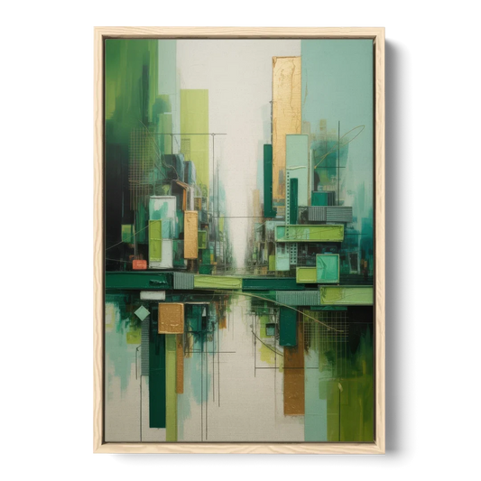 Sophisticated Urban Landscape Green Abstract - Oak Framed Canvas Wall Art - Front