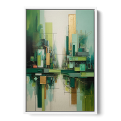 Sophisticated Urban Landscape Green Abstract - White Framed Canvas Wall Art - Front
