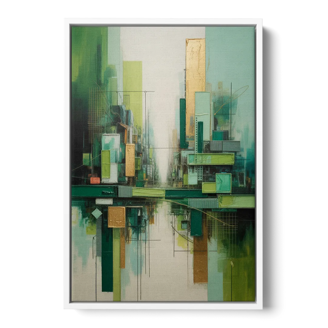 Sophisticated Urban Landscape Green Abstract - White Frame Canvas