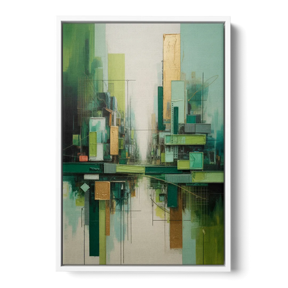 Sophisticated Urban Landscape Green Abstract - White Frame Canvas