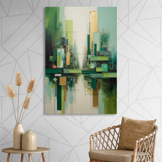 Sophisticated Urban Landscape Green Abstract Living Room - Canvas Wall Art