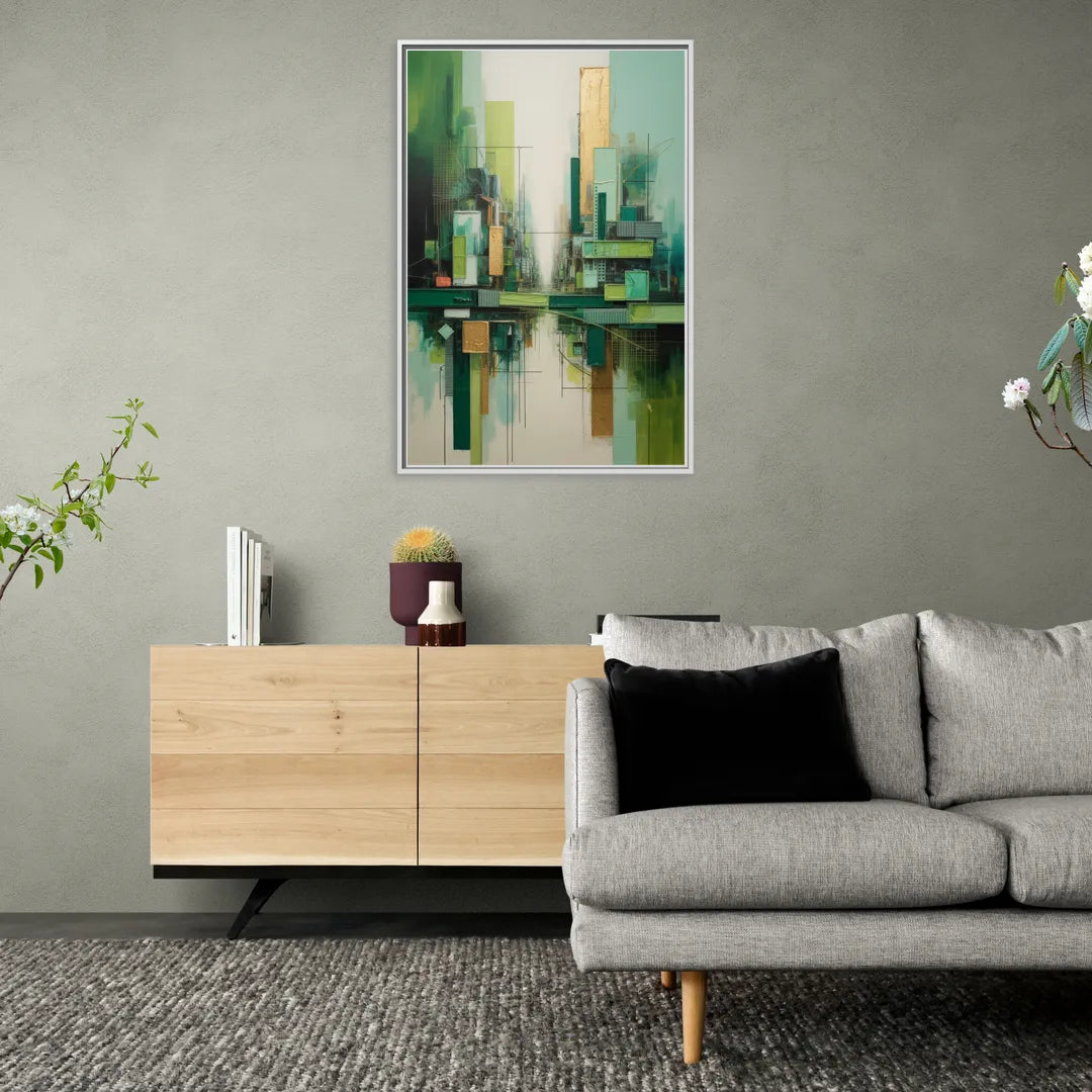 Sophisticated Urban Landscape Green Abstract - Living Room White Frame Canvas