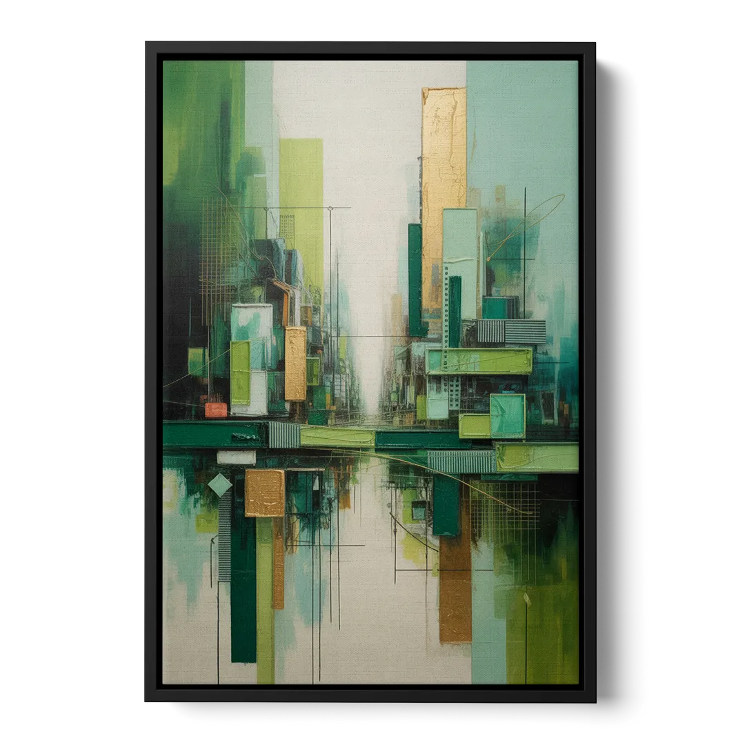 Sophisticated Urban Landscape Green Abstract - Black Frame Canvas