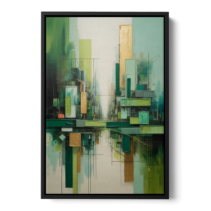 Sophisticated Urban Landscape Green Abstract - Black Frame Canvas
