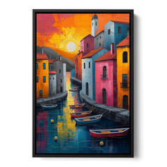 Sorrento Art of a Sunset Harbor - Black Framed Canvas Wall Art - Front