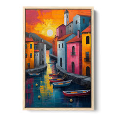 Sorrento Art of a Sunset Harbor - Oak Framed Canvas Wall Art - Front