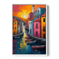 Sorrento Art of a Sunset Harbor - White Framed Canvas Wall Art - Front