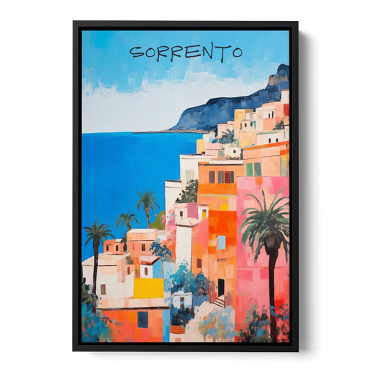 Sorrento Painting of Seaside Houses - Black Framed Canvas Wall Art - Front