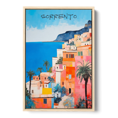 Sorrento Painting of Seaside Houses - Oak Framed Canvas Wall Art - Front