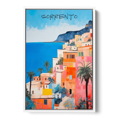 Sorrento Painting of Seaside Houses - White Framed Canvas Wall Art - Front